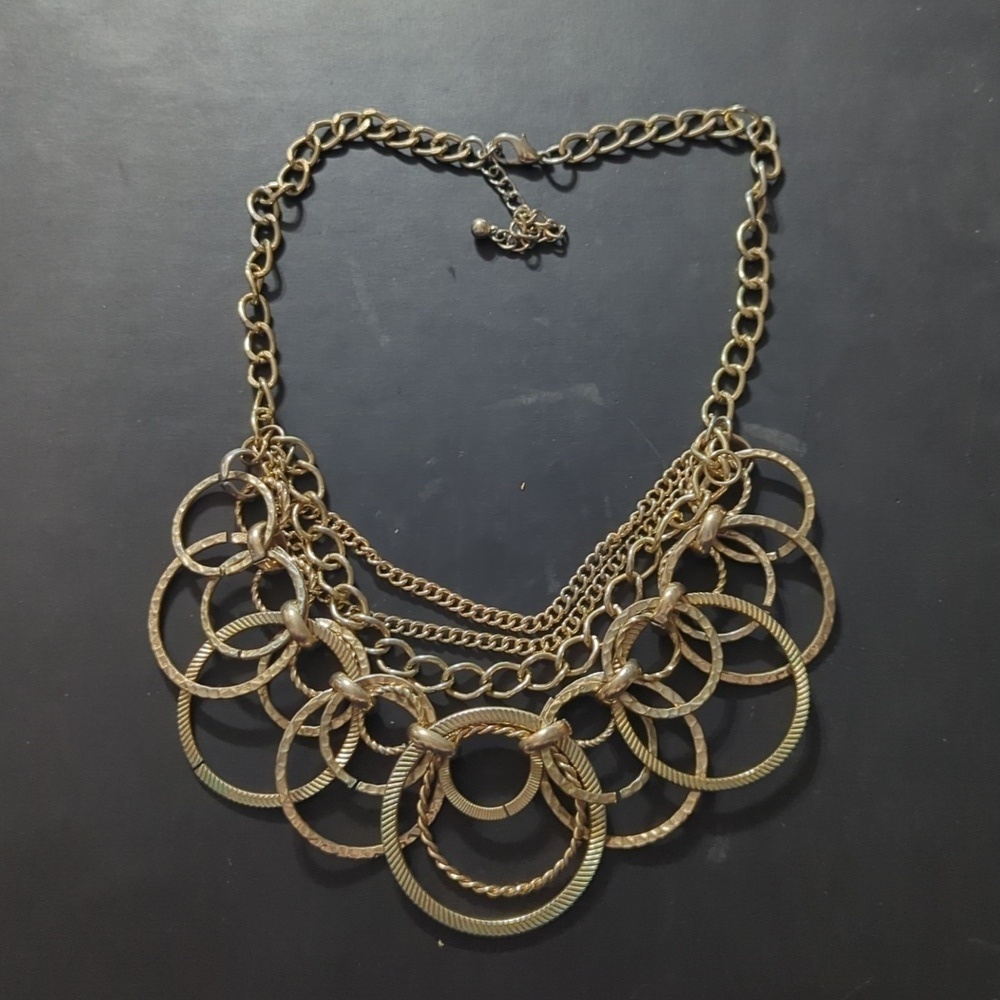 Gold Tone Interlocking Ring Loop and Chain Layered Statement Necklace